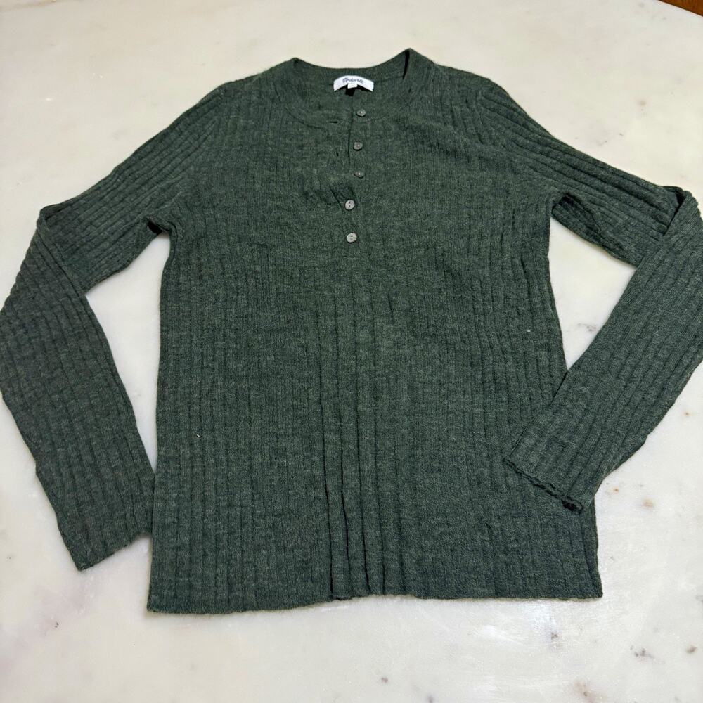 Madewell Wool Sweater Women's M Green Rib-Knit Henley Round Neck Pullover